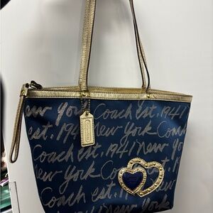 Small vintage Coach Blue and Gold Script Tote